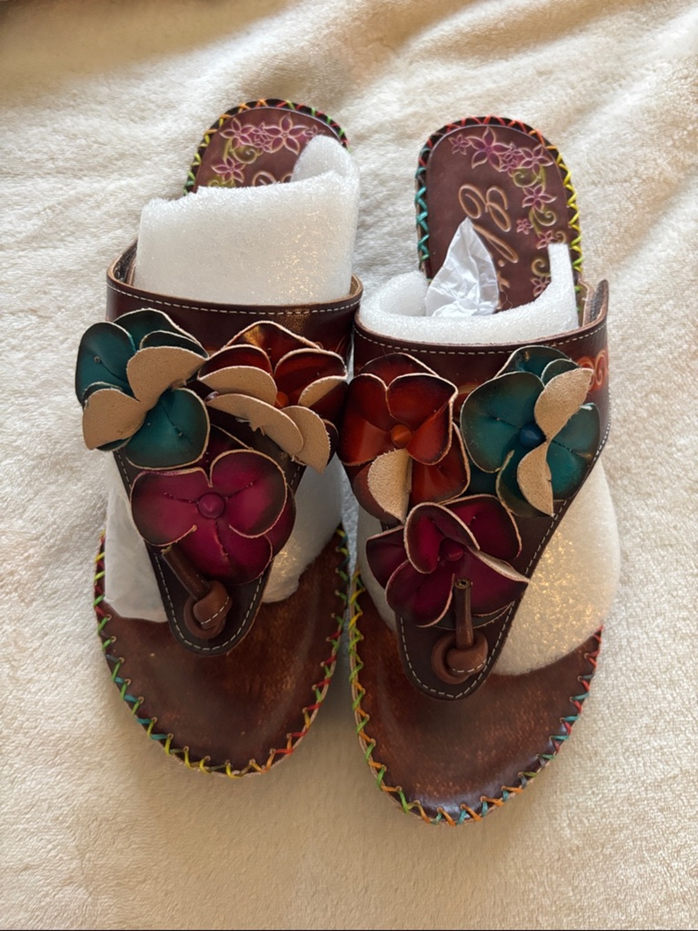 Brown Floral Leather Slide Sandals with Multicolor Flower Appliqués